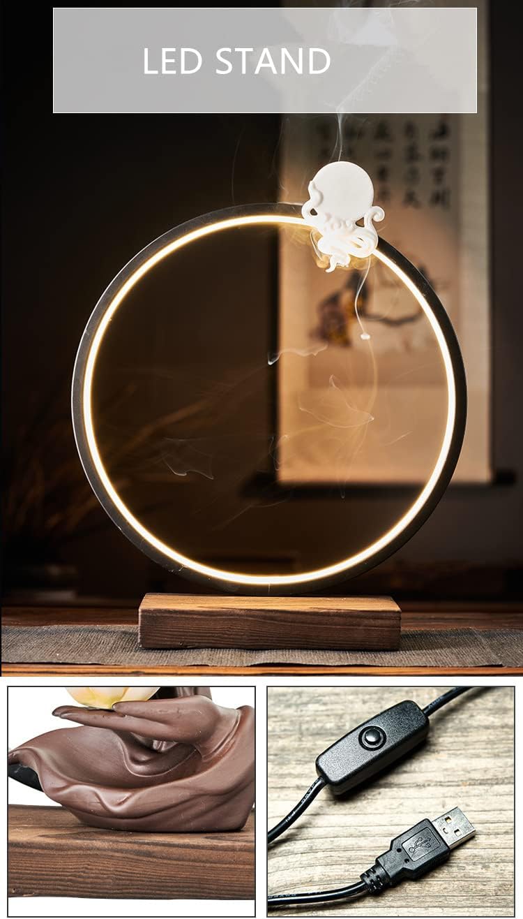 Ceramic Lotus Incense Burner Waterfall Chinese Backflow Incense Sticks Burner Holder with LED Light Incense Cones for Home Office Decor (Buddha)