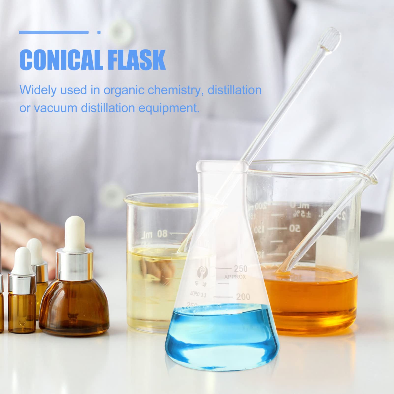 ibasenice Glass Erlenmeyer Flask- 4 Szt. Laboratoryjne Kolba Wrzące/Płaski Dół Borokrzewnikowy Szklany Sprzęt Kolby Laboratoryjnej/Dla Studentów Laboratoryjnych Zasobów Edukacyjnych (250
