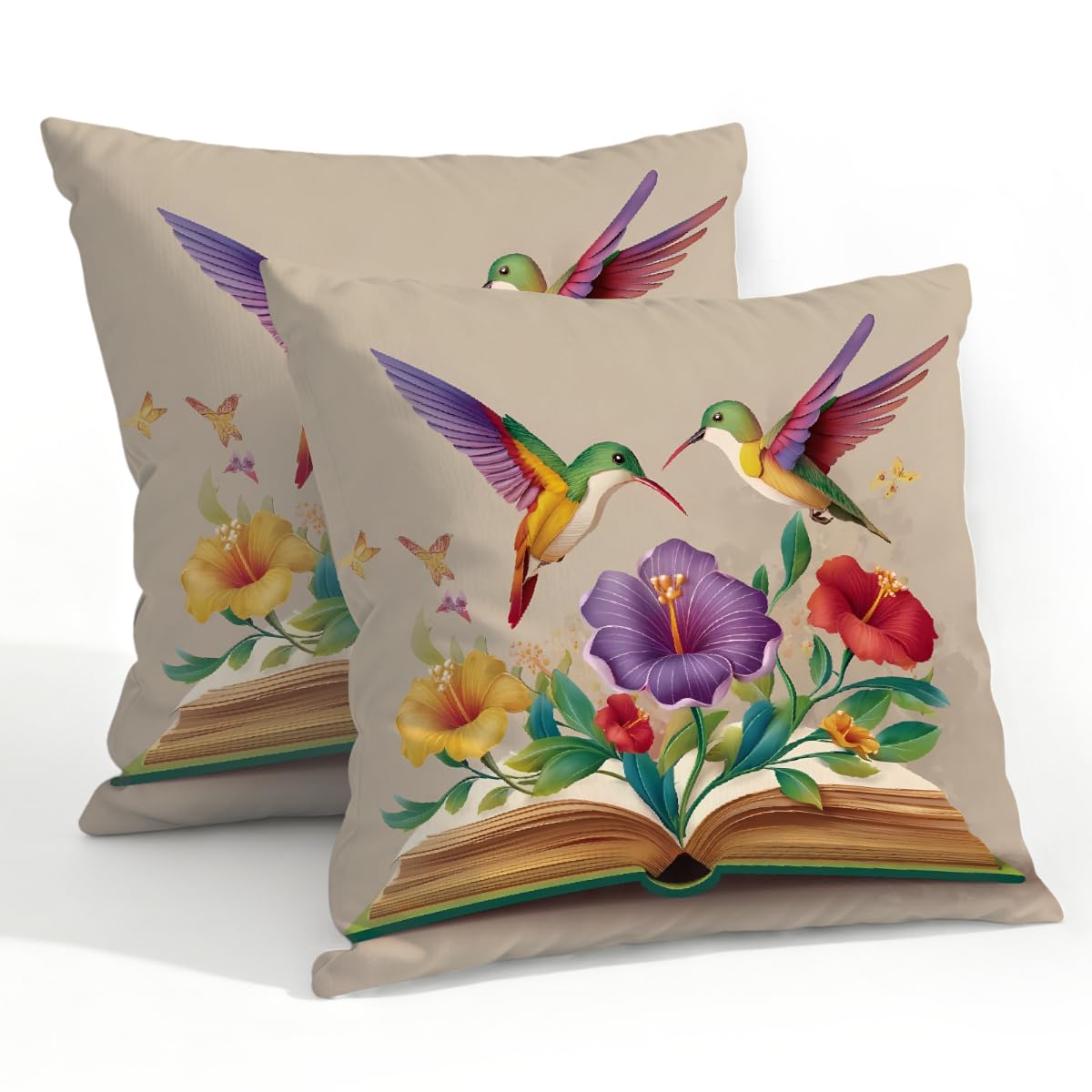 Outdoor Pillow Covers Waterproof Pillowcases 22x22in Set of 2 Colorful Hummingbirds Book Decorative Throw Cushion Case for Couch Sofa Garden Patio Furniture
