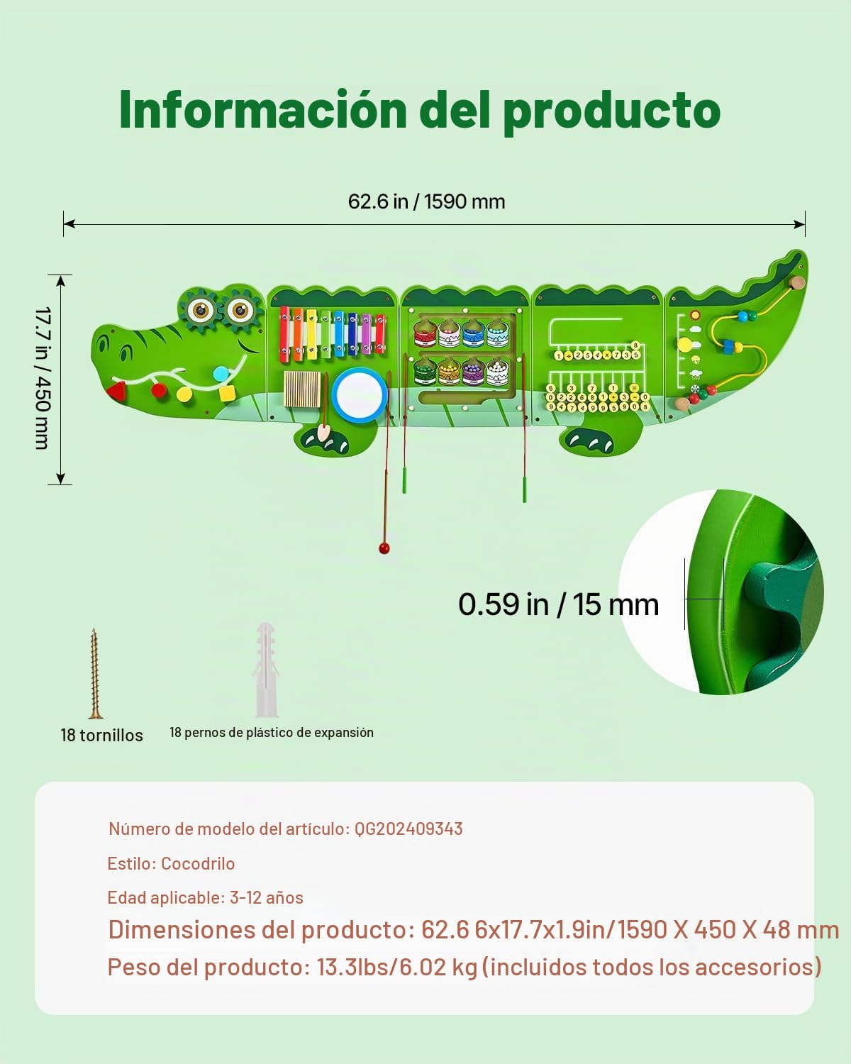 VEVOR Tablero Montessori de Pared de Cocodrilo para Niños 3 a 12 Años, Panel Sensorial con 9 Juegos Interactivos de MDF para Actividad Guardería Aula Habitación Infantil Motricidad Fina y Juego Diario