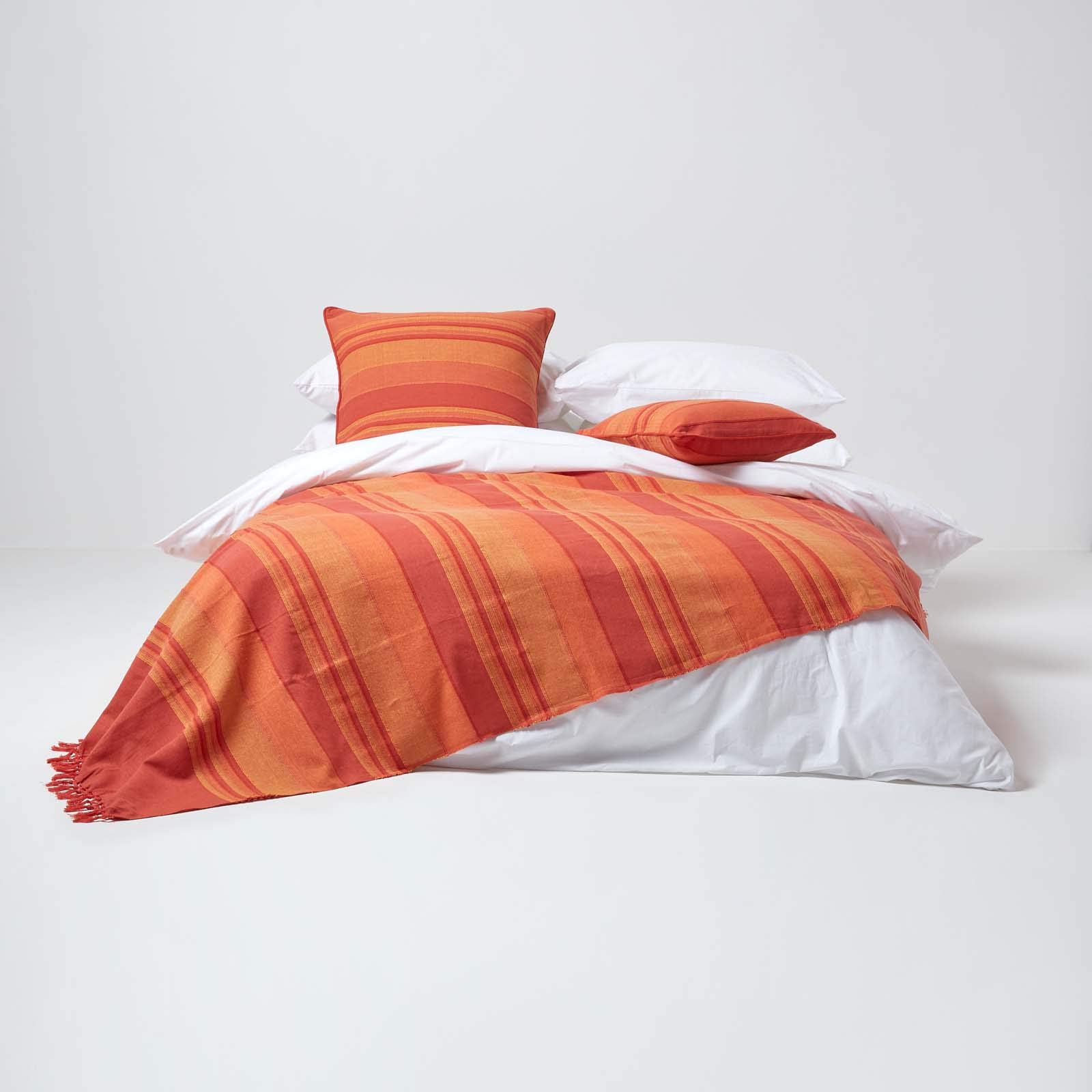 HOMESCAPES Jeté de lit/Jeté de canapé Orange à Rayures de 230 x 255 cm en Pur Coton appartenant à la Collection Stripes