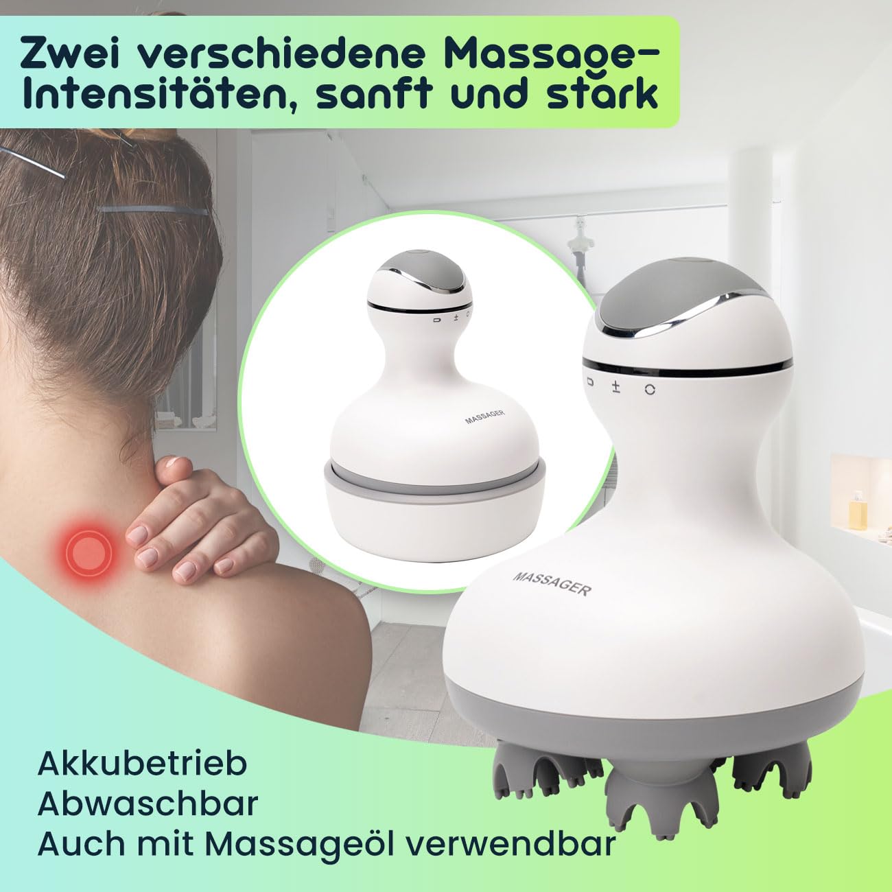 Professionelles Kopf- und Körper-Massagegerät, 4 Massageköpfe, mobil mit Akkubetrieb, abwaschbar, auch mit Massageöl verwendbar