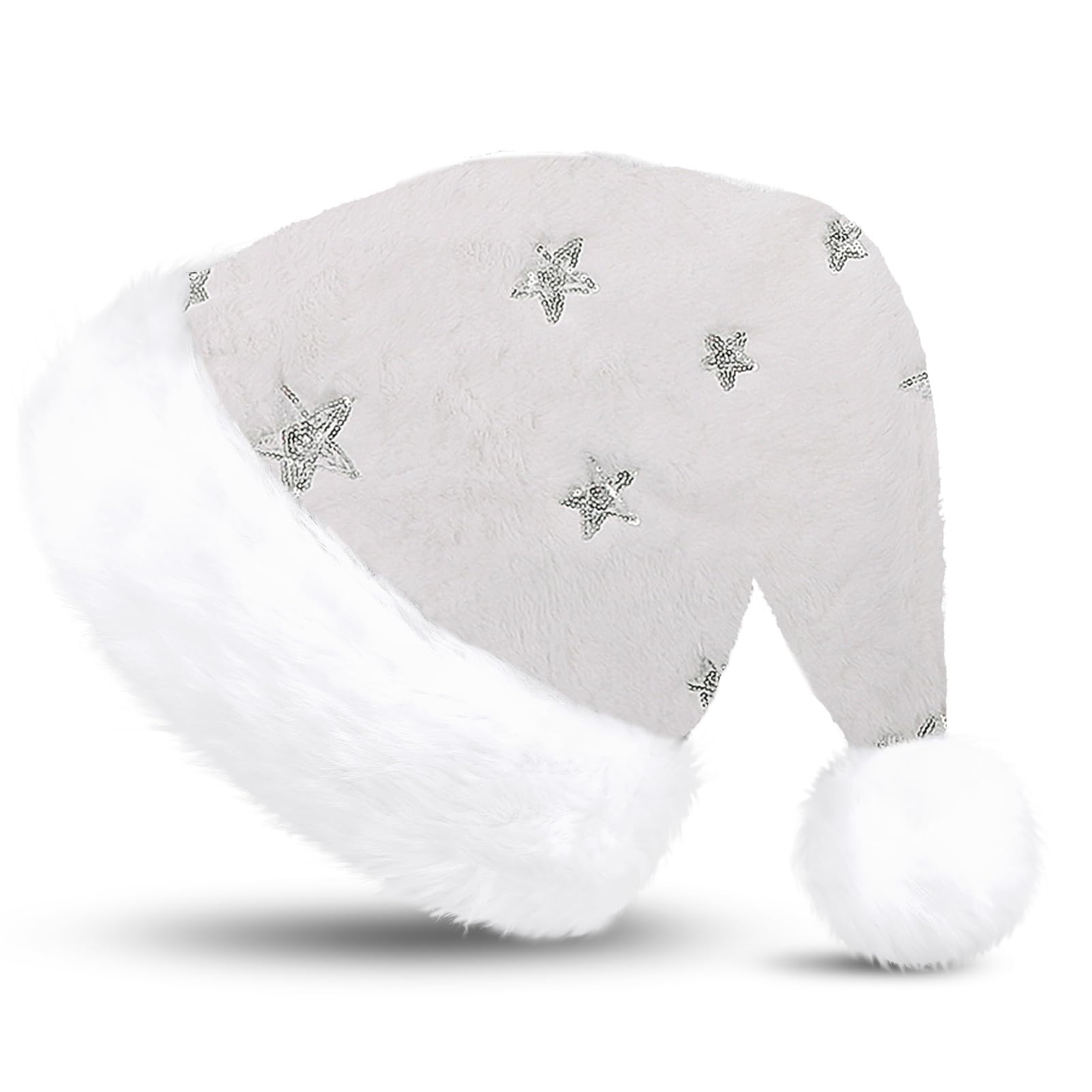 KONVINIT Christmas Santa Hat Festive Santa Clause Hat, Fluffy & Durable for Holiday Celebrations, White With Stars, L-XL