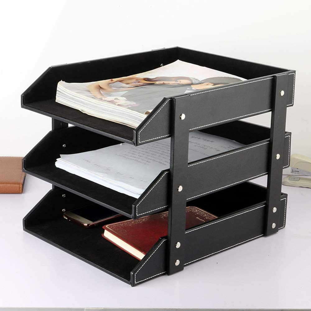 Organizador de archivos de escritorio de cuero, bandeja apilable de tres capas, se utiliza para almacenar documentos, carpetas, artículos de papelería, revistas, periódicos, cartas y otros artículos