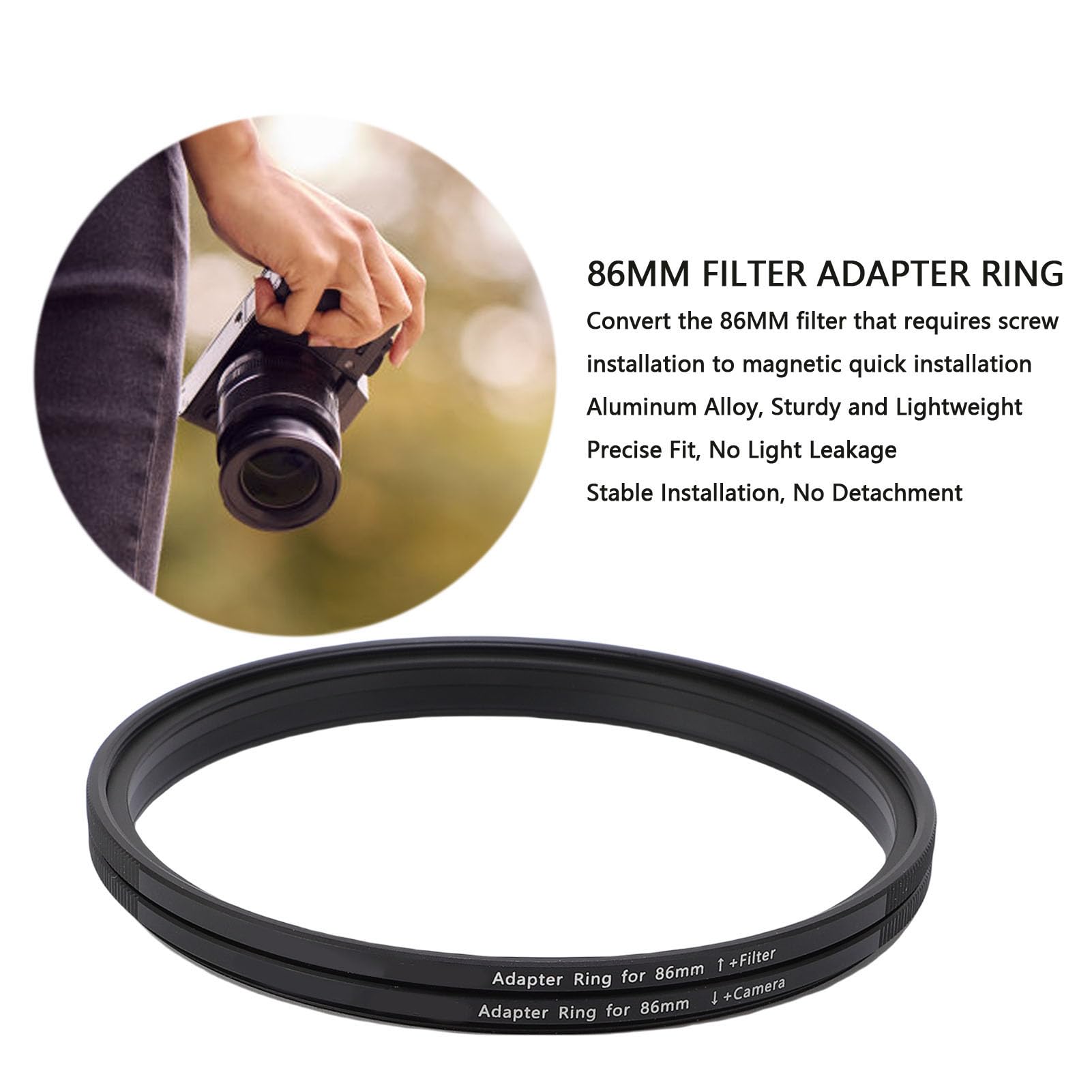 Akozon Adaptador de Filtro Magnético de 86mm a 86mm para Lente de Cámara, Conversión de Rosca a Magnética, Accesorio de Fotografía de Fácil Instalación