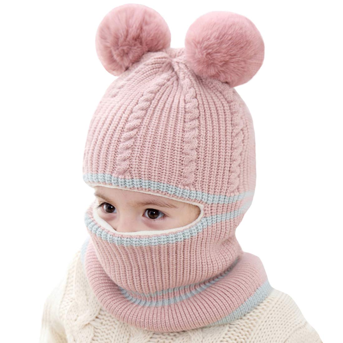 2 in 1 Kleinkind Winter Sturmhaube Strickmütze mit Fleece gefütterte Strickmütze mit Maske, Ohrenschützer und Bommel für Jungen und Mädchen