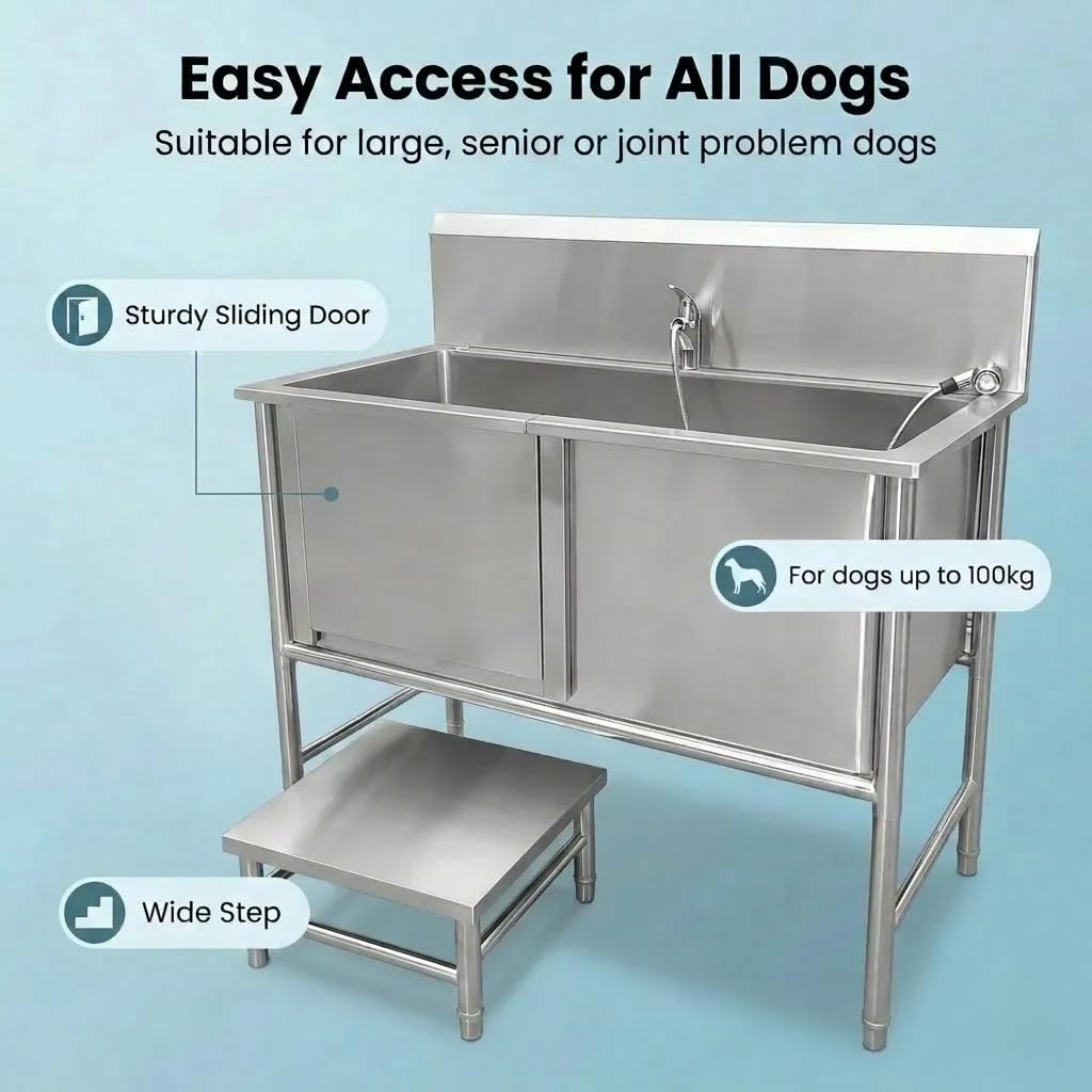 BañEra Para Perros De Acero Inoxidable - EstacióN De Lavado Profesional Para Mascotas, PeluqueríA Canina Y Veterinaria | Incluye Grifo ExtraíBle, Escaleras De Acceso Y Alfombra(100*60*90cm)