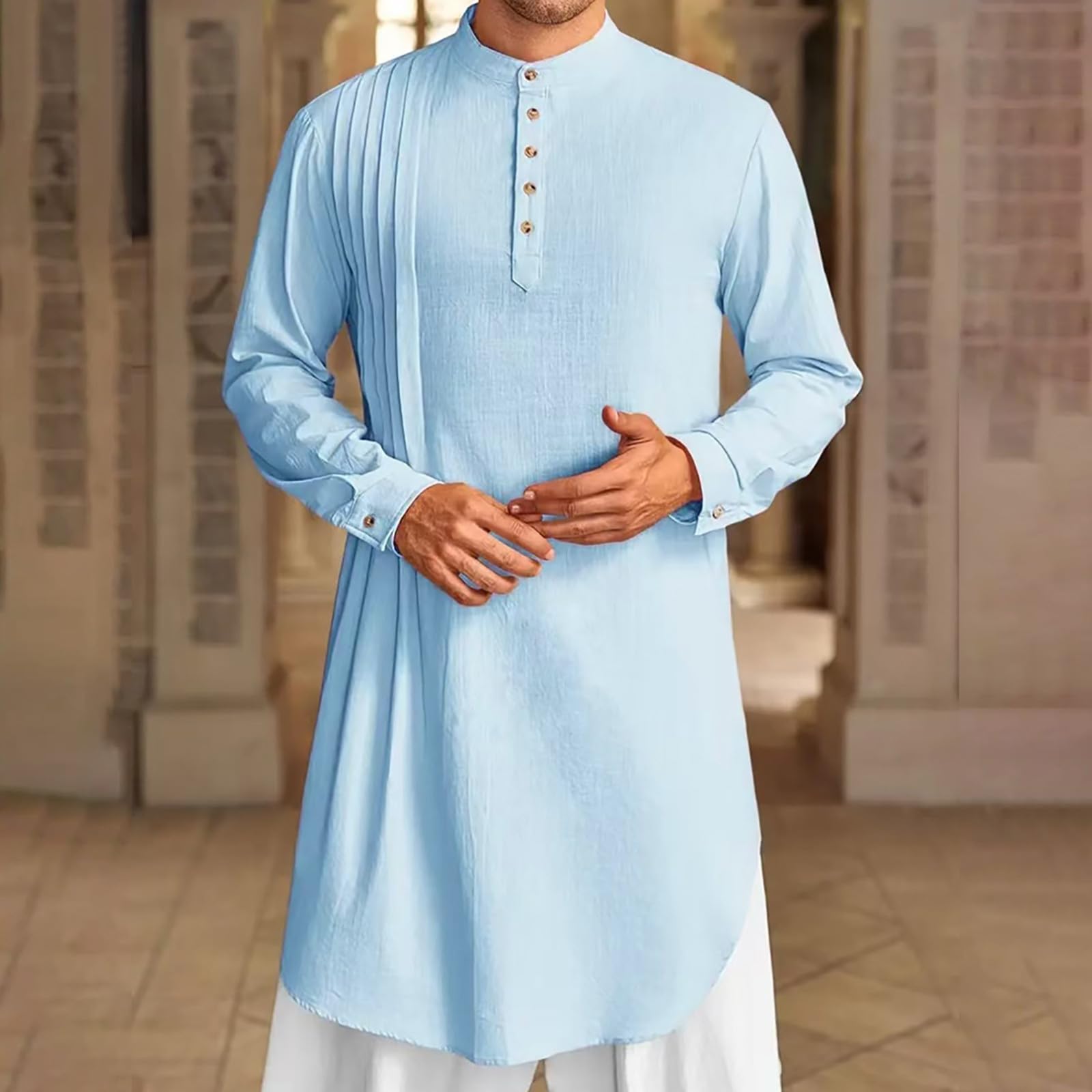 T-shirts à manches courtes pour homme - En lin - Manches longues - Caftan Thobe - Robe longue - Robe décontractée musulmane