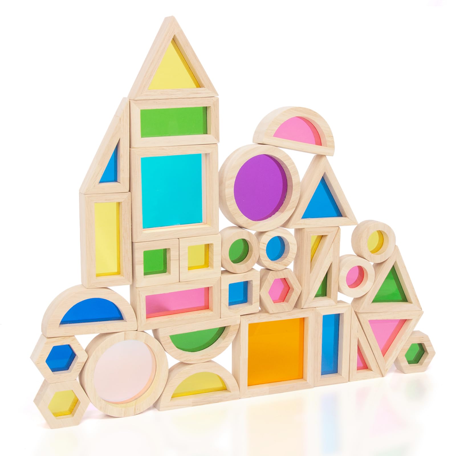 WOODENFUN Wood Building Blocks Set for Kids, 32 Pcs Rainbow Stacker Stacking Game Construction Toys Set Preschool Colorful Learning Educational Toys, Geometry Wooden Blocks for Boys Girls