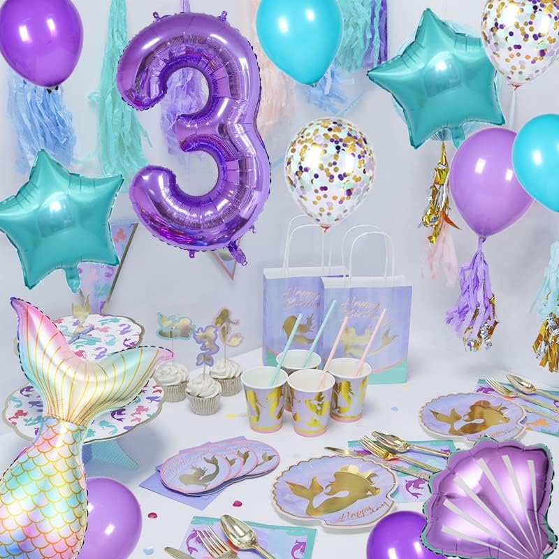 Miniatura 4 de Decoraciones de cumpleaños de sirena juego de 25 piezas de suministros de fiesta con cola de sirena, concha, estrella, globos de látex y globo del