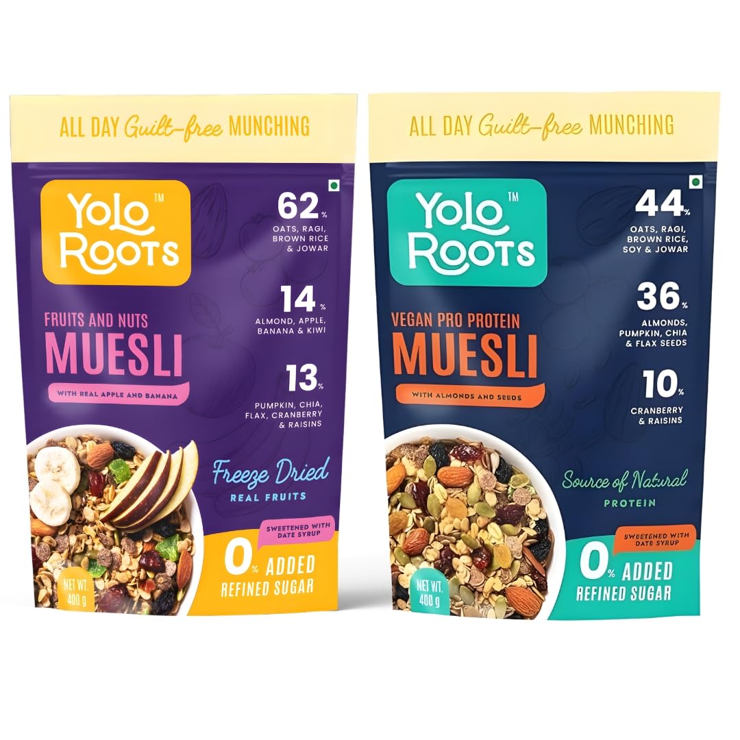 Yolo Roots Vegan Pro Protein Muesli 400g & Fruits & Nuts Muesli 400g Combo, No Added Sugar, Gluten Free, High Fiber Breakfast Cereal with Multigrains, Almonds, Fruits & Seeds, Healthy Energy Food (Pack of 2)