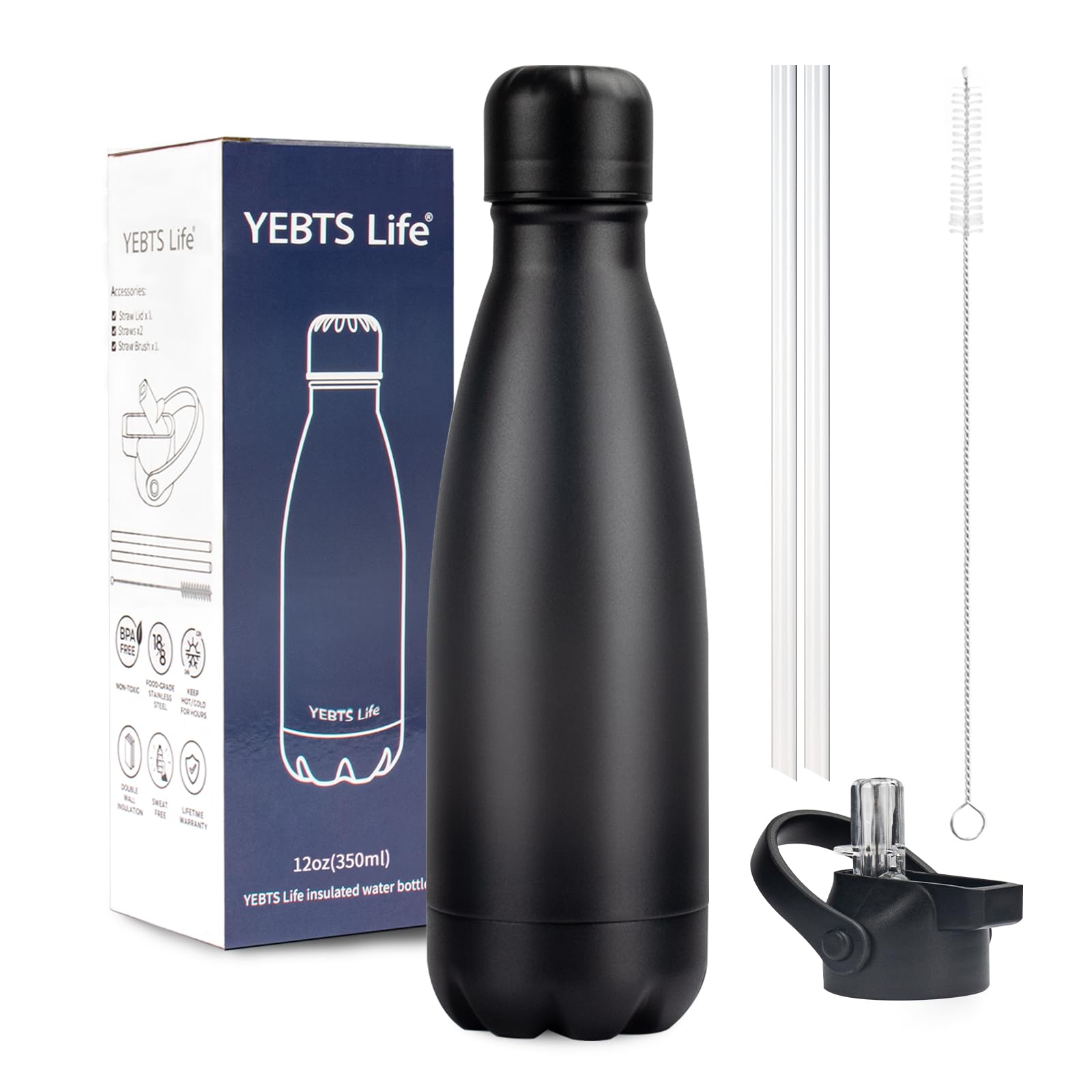 Insulated Water Bottle, 12oz Stainless Steel Water Bottles with straw lid, Metal Sports Water Bottles for Boys,Girls, Double Wall Vacuum BPA-Free