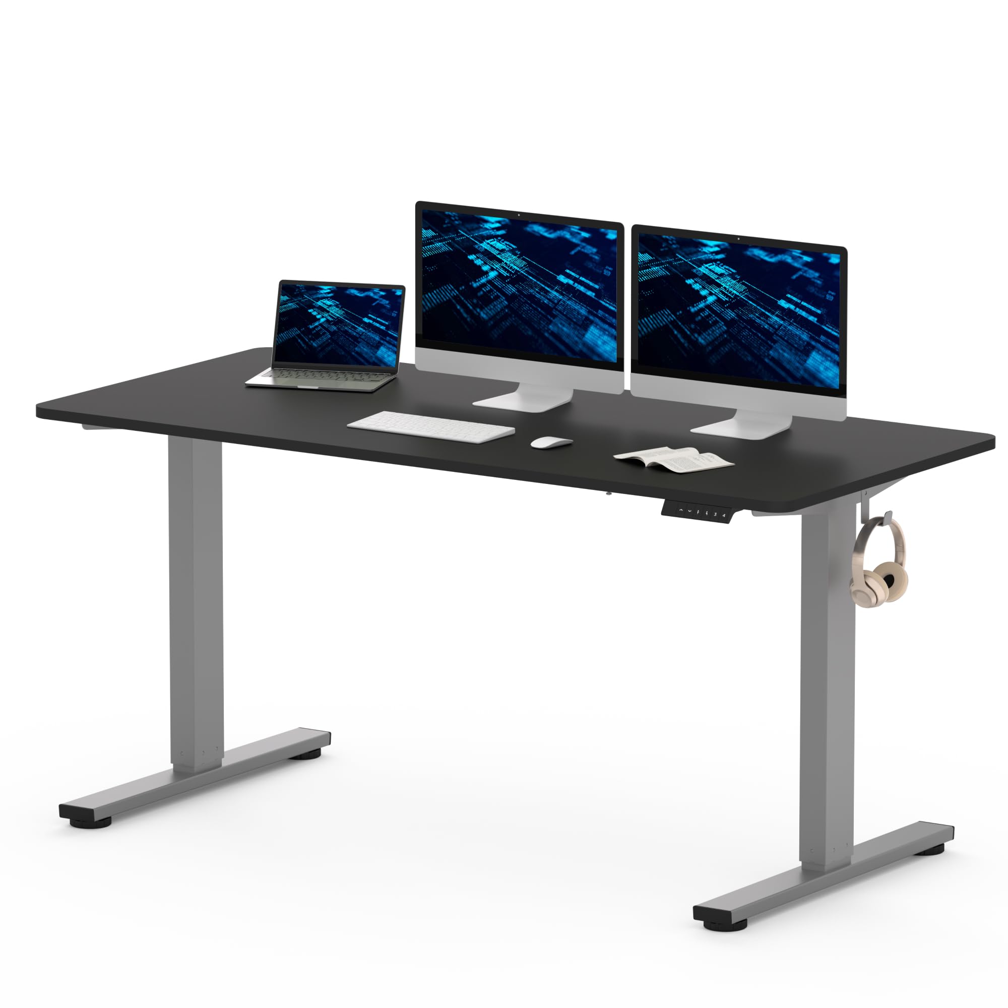 FLEXISPOT 160x80cm Electric Standing Desk Height Adjustable Desk ONE PIECE Sit Stand Desk Stand Up Desk with Memory Smart Pannel (Silver Frame+Black Desktop)