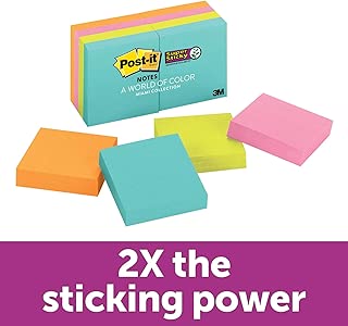 Post-it Super Sticky Notes, Bright Neons, Sticks and Resticks, 67% Plant-Based Adhesive by Weight, 1 7/8 in. x 1 7/8 in, 8 Pads/Pack, (622-8SSMIA) - coolthings.us