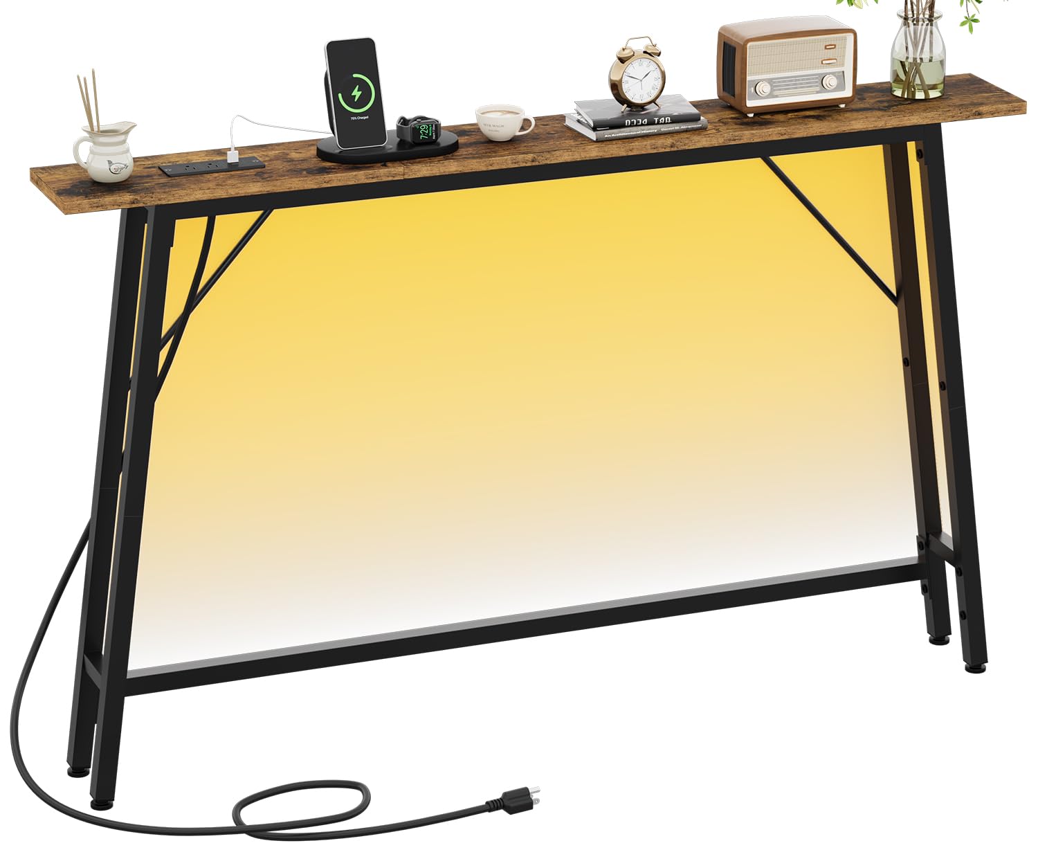 Asgolion 47.2'' Console Table with Charging Station and LED Light, Narrow Sofa Table with Power Outlets and Type C & USB Port, Behind Couch Table, for