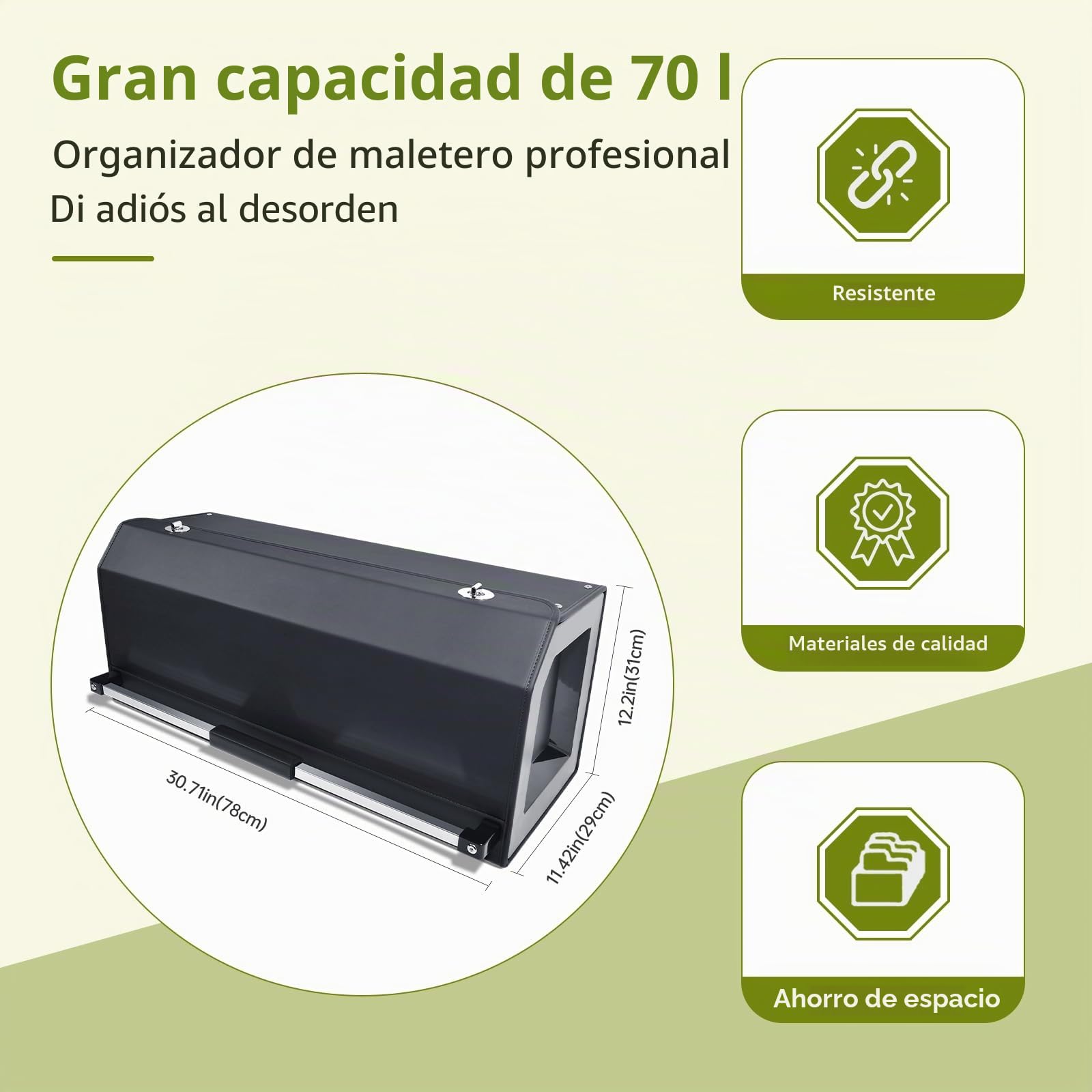 Organizador de Maletero de Gran Capacidad 70L para Coches y SUVs - Caja de Almacenamiento con Tapa, Asa Robusta y Base Antideslizante - Compartimento Extraíble(Negro, 78x29x31cm)