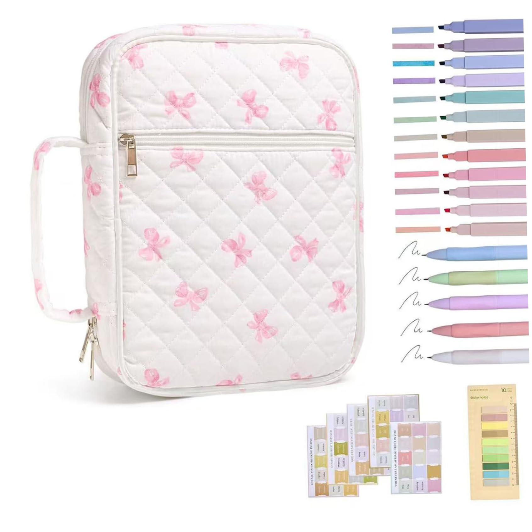 Bible Cover, Portable Quilted Bible Case with Pens & Tabs & Handle for Woman Girls, White, Cover Case for Women