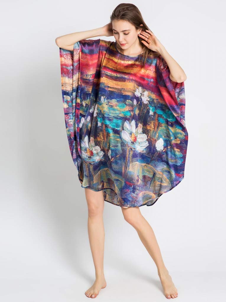 Donna 100% Pura Seta Raso Crepe Kimono Vestaglia Pigiama Caftano Camicia da Notte Stampa d'Arte