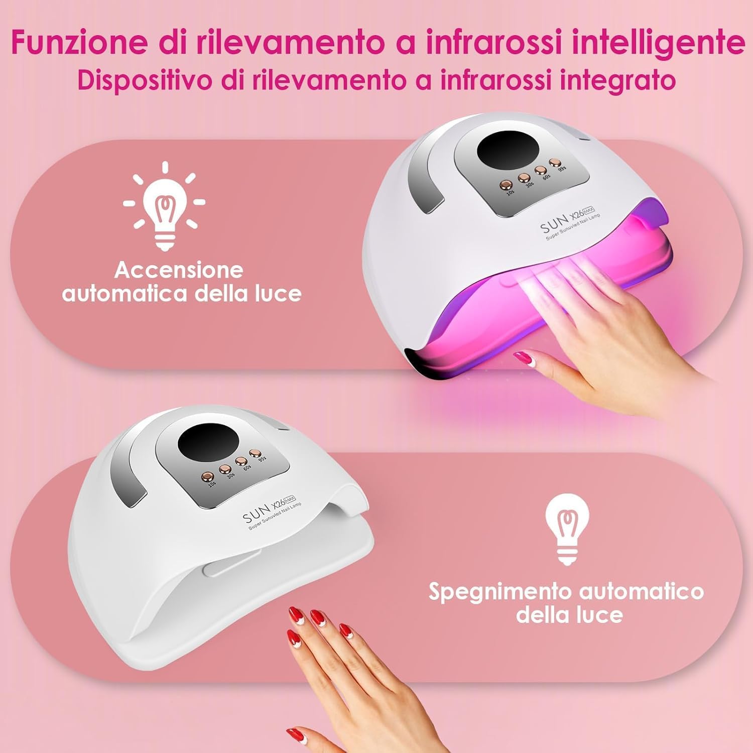 Lampada Unghie Professionale SUN X26 Max 380W – UV/LED 42 Doppie Perle, Asciugatura Rapida, 4 Timer, Sensore Smart – Per Gel, Semipermanente, Ricostruzione – Manicure & Pedicure