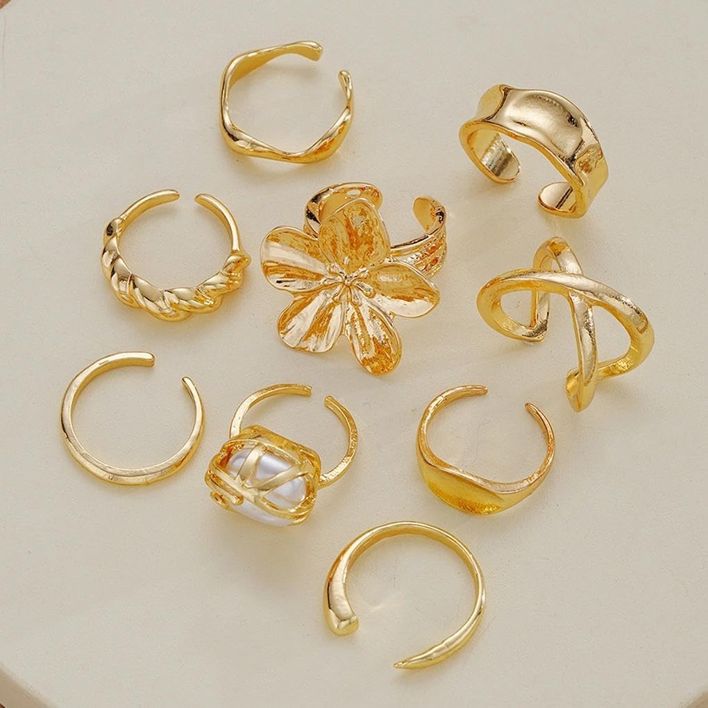 Chunky Gold Flower Knuckle Rings for Women,Vintage Square Baroque Pearl Statement Joint Rings,Trendy Geometric Aesthetic Hand Jewelry Accessories Gift - Image 5