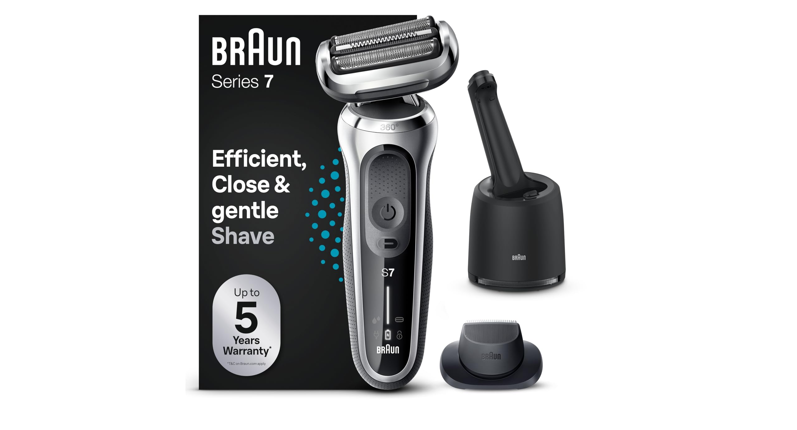 Braun Series 7 Afeitadora Eléctrica Hombre, Máquina de Afeitar Barba con Recortadora De Precisión EasyClick, Centro De Limpieza SmartCare, 360° Flex, Recargable e Inalámbrica, 71-S7200cc, Plata