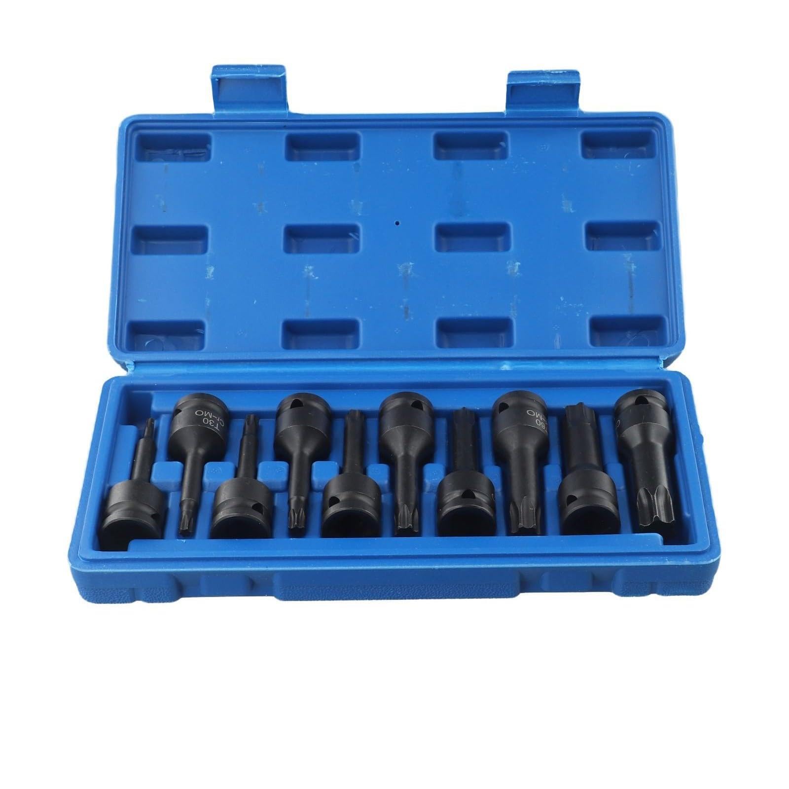 Set di chiavi a bussola Torx da 1/2", 10 pezzi, T20-T80, per avvitatore a percussione, in acciaio cromato, con scatola portatile