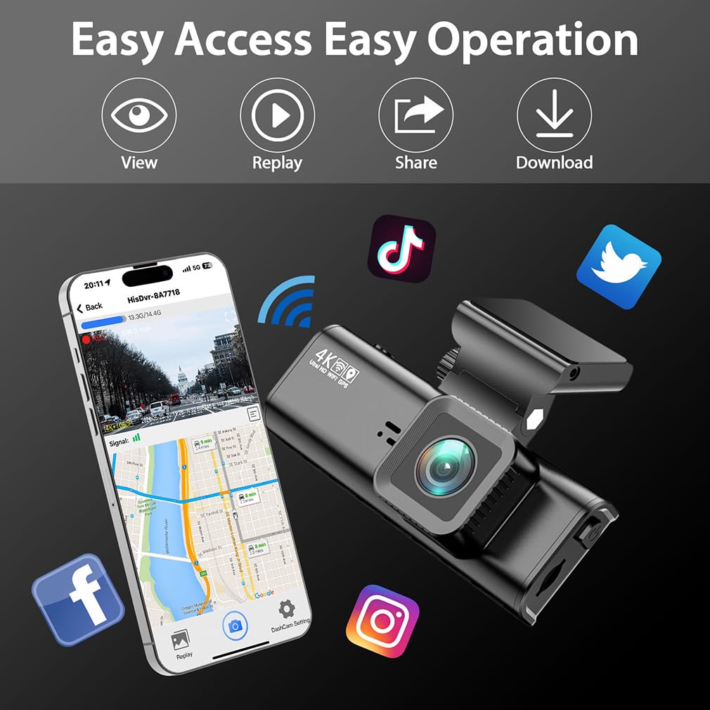 Kamera samochodowa 4K z przodu i z tyłu, kamera samochodowa z podwójnym obiektywem, wbudowana WiFi ze śledzeniem GPS DVR, superkondensator noktowizor 24-godzinny tryb parkowania, czarna skrzynka