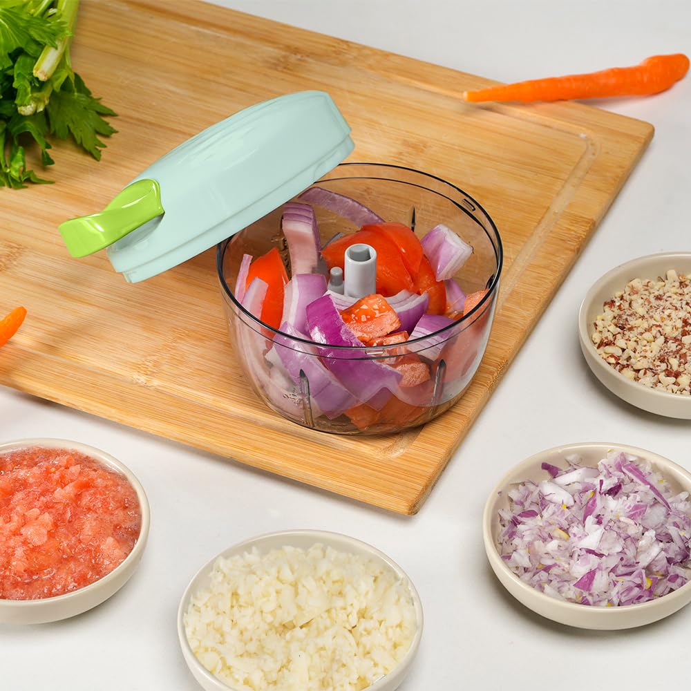 Procesador manual de alimentos picador de verduras 2.3 tazas pequeño mini cuerda de tracción manual picadora de cebolla picadora de ajo con 3 cuchillas de acero inoxidable - verde