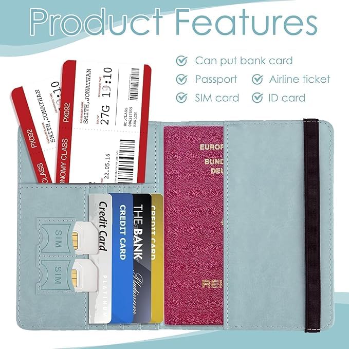 Image of TEKCOOL Passport Holder Cover Travel Wallet Organiser, Passport Case with RFID Blocking, PU Leather Travel Document Holder for Men & Women Travel Accessories (Light Blue)