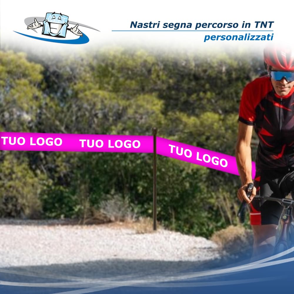 Confezione 4 pz. Nastri Segnaletici in Polietilene o TNT personalizzati - Rotoli 5/8 cm varie lunghezze - Segna percorso per Eventi sportivi, Delimitazione Aree, Cantieri, Sicurezza