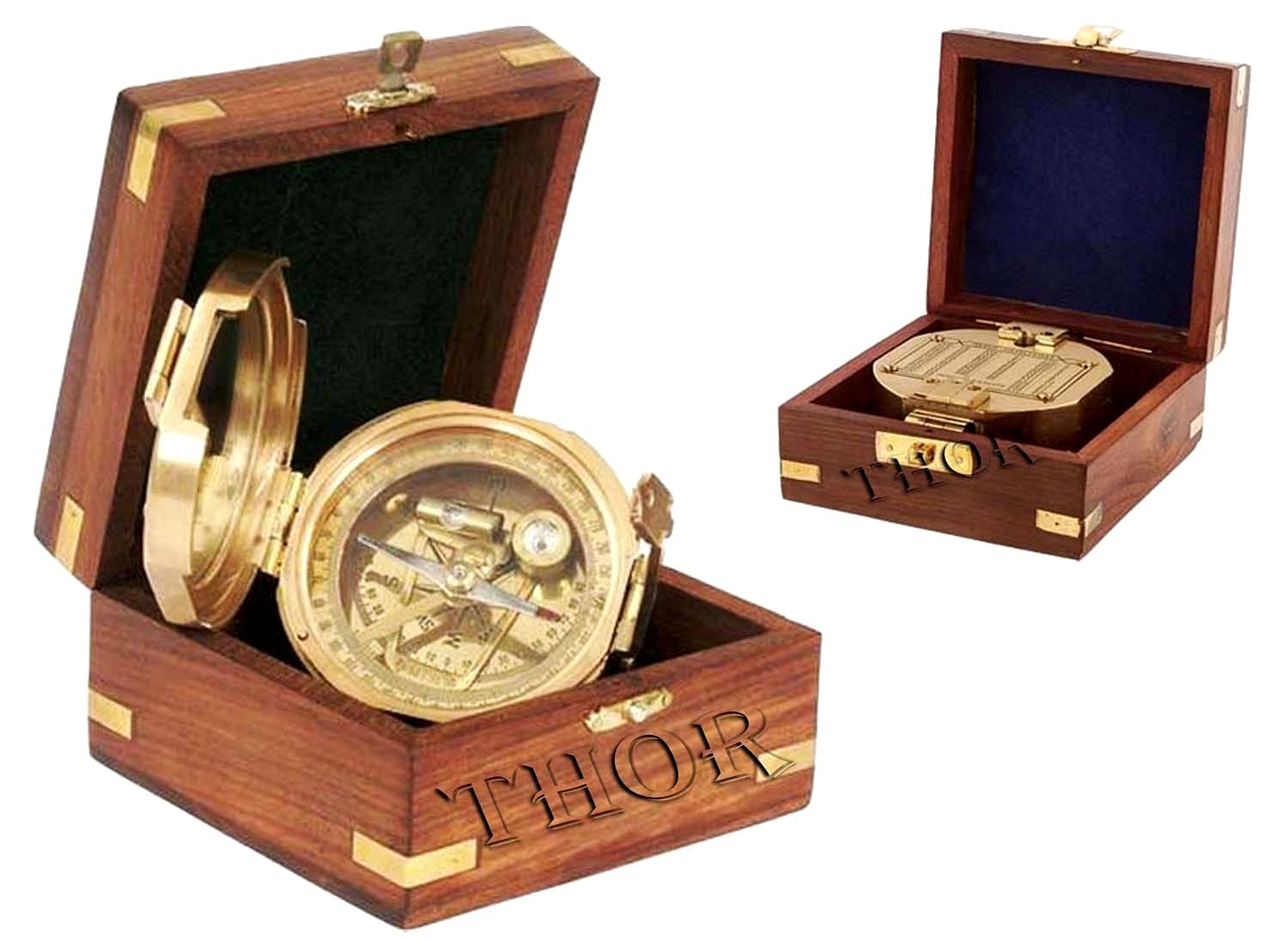 THOR INSTRUMENTS Brunton-Kompass aus Messing, mit Holzbox, magnetisch, zum Wandern, maritim, nautisches Geschenk