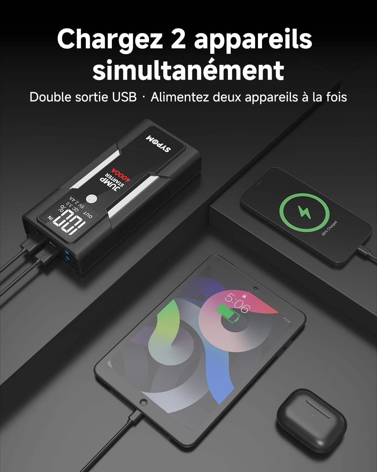 Démarreur de Secours, Batterie de Secours de Pointe 4 000 A (pour Tous Les véhicules à Essence ou Diesel jusqu'à 10 L), Batterie de démarrage Portable avec démarrage Intelligent étendu