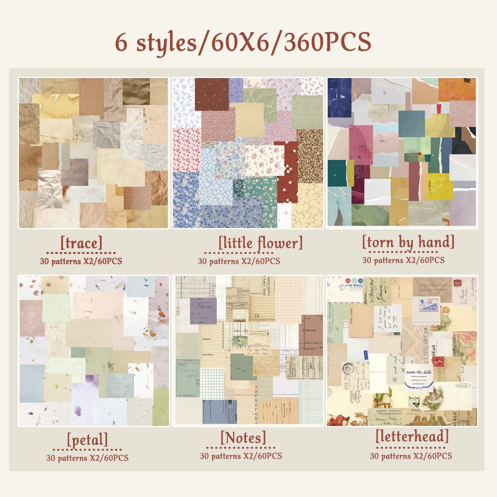 Vintage Scrapbooking Supplies Pack - 360 Sheets Scrapbook Paper Aesthetic Decorative Paper Stationery Journaling Supplies Junk Bullet Art Craft Diary Embellishment