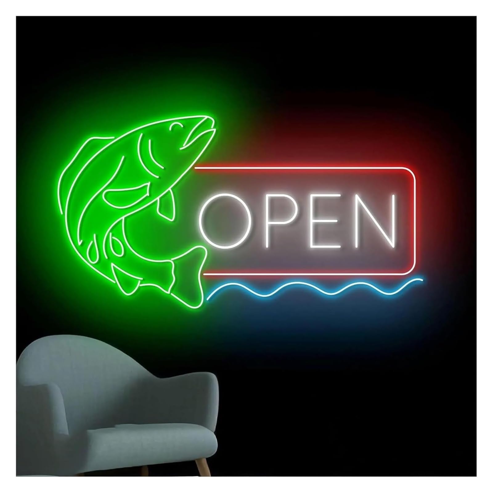 Néon Néon Enseignes lumineuses Decor Enseigne Au Poisson Ouvert Décoration