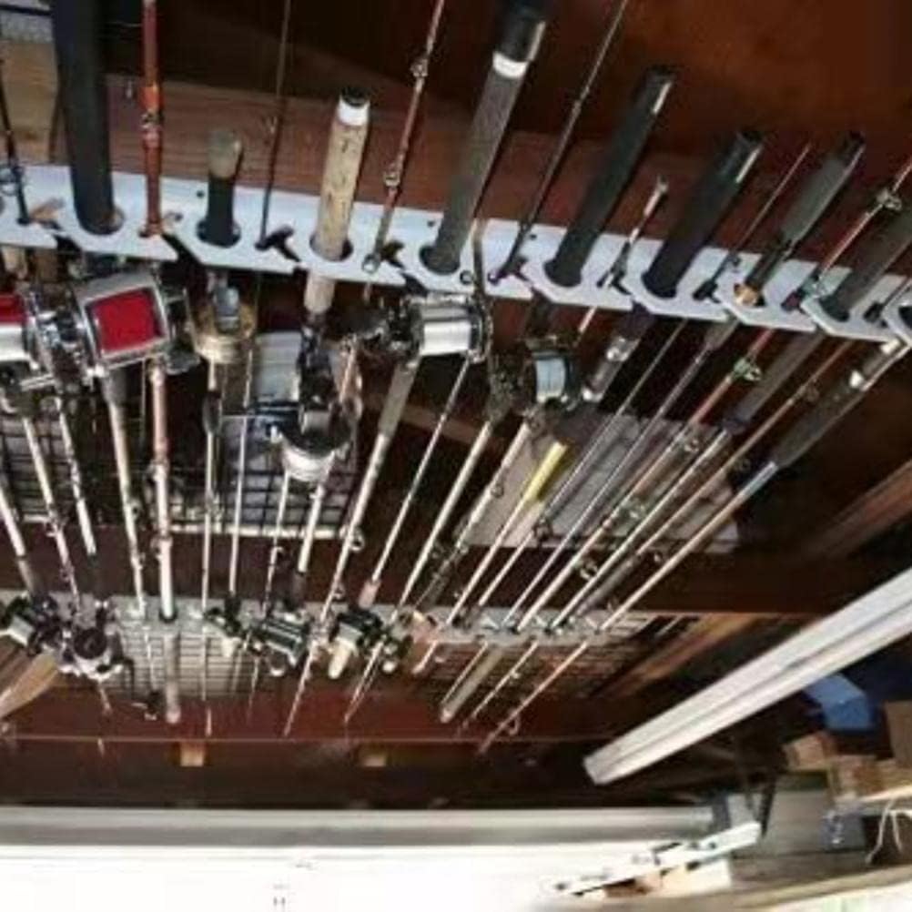 HEITIGN 2Pcs 10 Hole Fishing Rod Storage Racks, Wall or Ceiling Mount, Silver Plastic Fishing Rod Display Stand for Garage