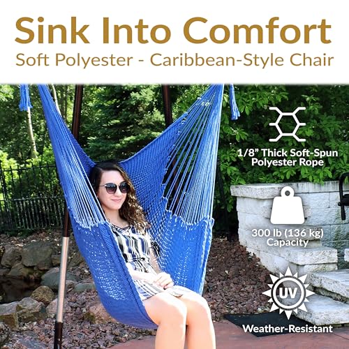 Image of Sunnydaze Outdoor Hammock Chair Swing for Reading - Hanging Hammock Swing for Indoor or Patio - 300lb Capacity - Caribbean XL - Blue