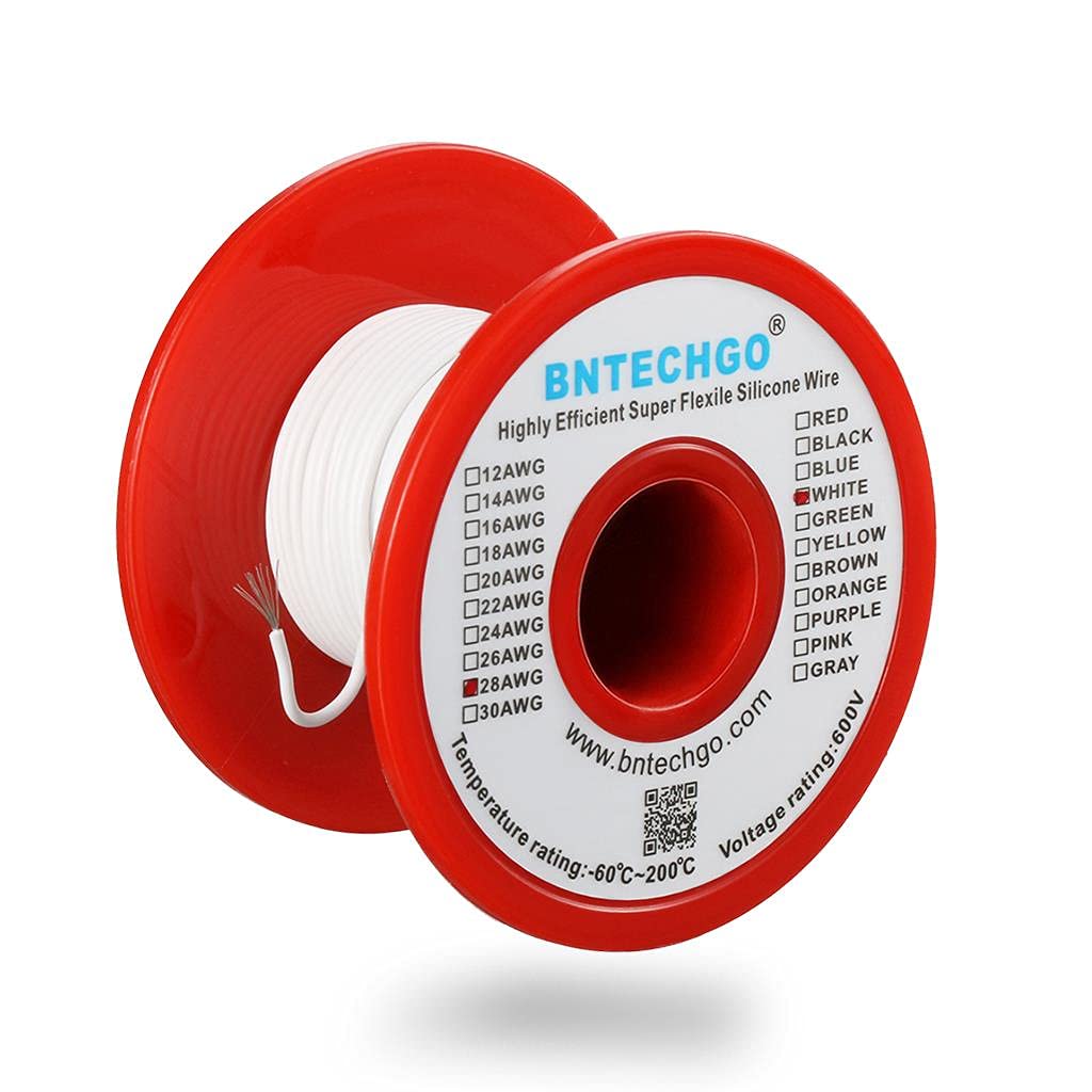 BNTECHGO28 Gauge Silicone Wire 100 feet White Soft and Flexible High Temperature Resistant Highly Efficient 28 AWG Silicone Wire 16 Strands of Tinned Copper Wire
