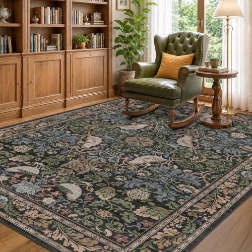 Hazo Haus Vintage Floral & Bird Washable Area Rug 5x7 - Dark Green Traditional Forest Distressed Antique Rugs for Living Room, Bedroom, Dining Room, Non-Slip Stain Resistant Low Pile
