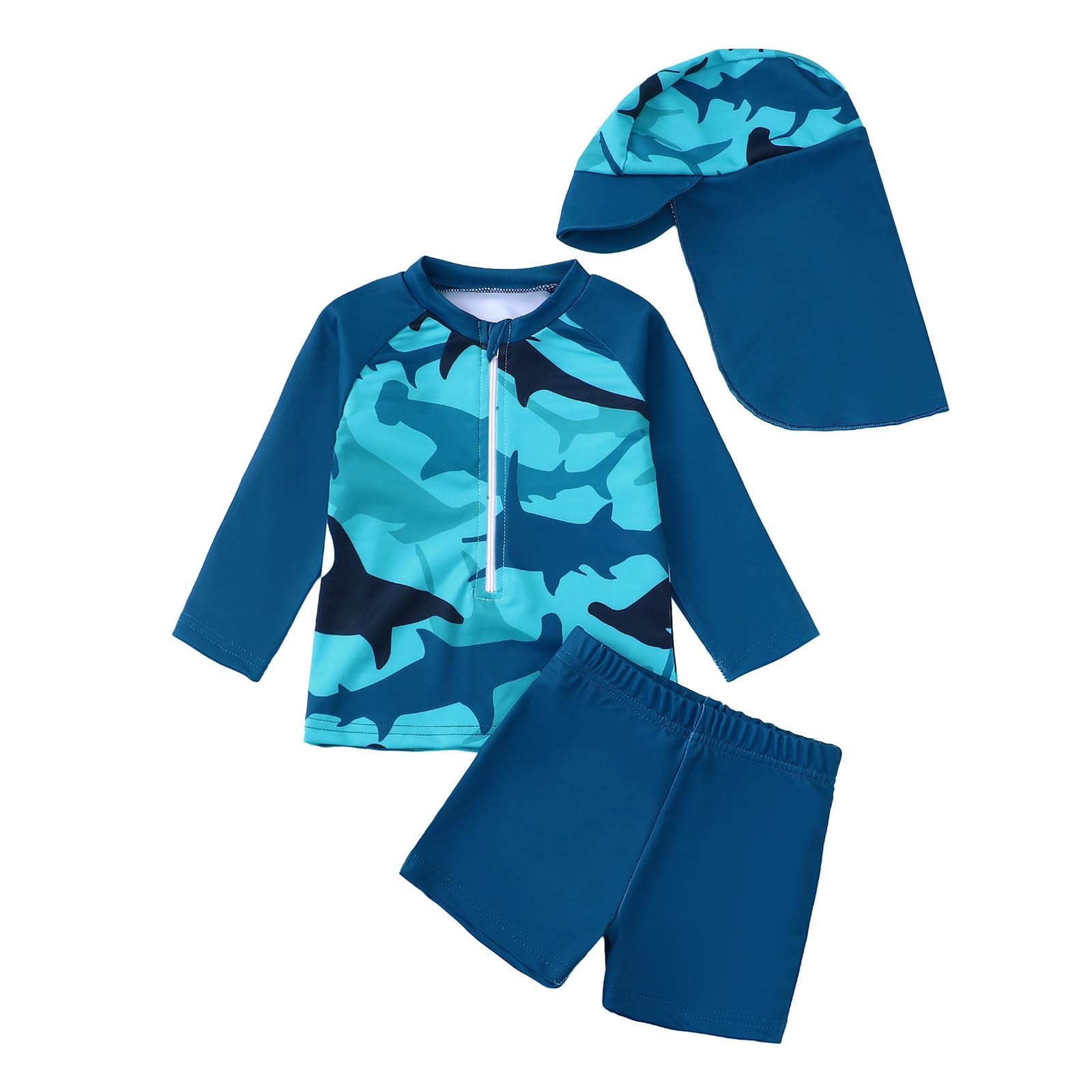 Générique Maillot de Bain garçon Manches Longues avec Rashguard Short imprimé et Bonnet Solaire idéale pour Jeux Aquatiques Plage Piscine été