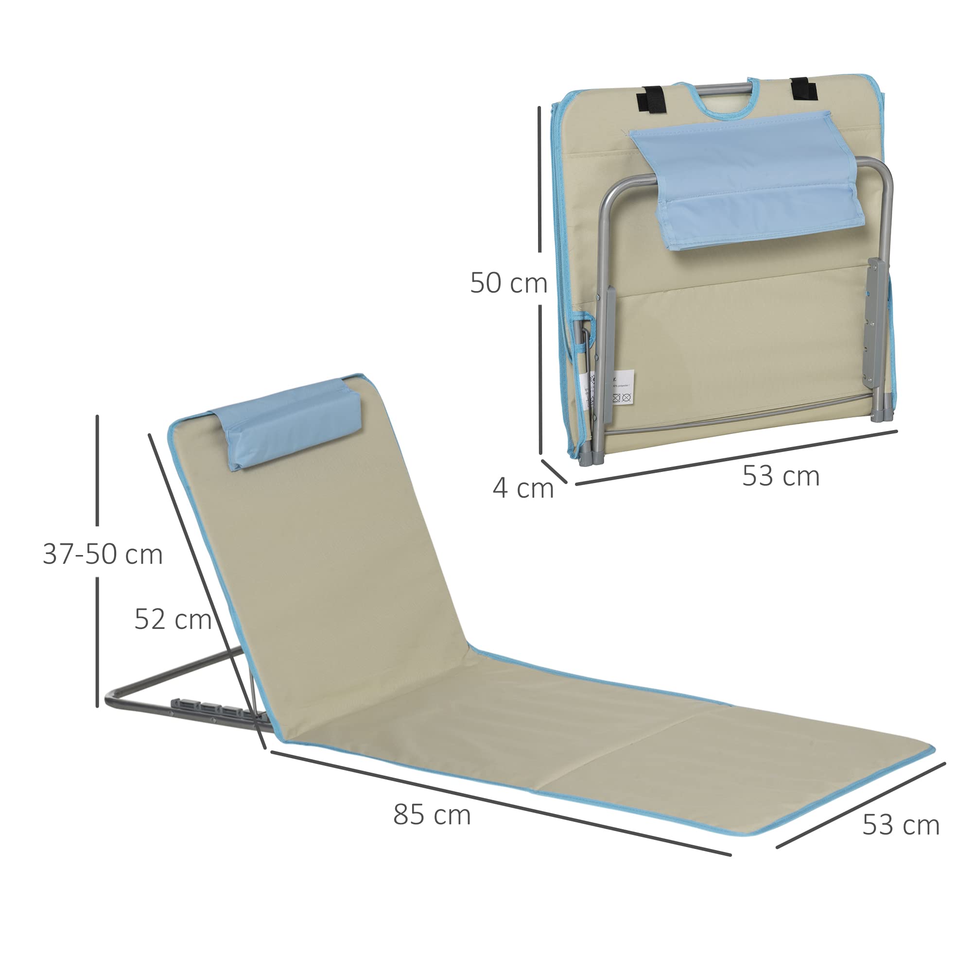 Outsunny Lot de 2 Tapis de Plage pliants Matelas de Plage avec Dossier réglable 5 Positions, Appui-tête réglable, Tissu Oxford, Sac de Transport Inclus, dim. 124L x 53l x 35-45H cm