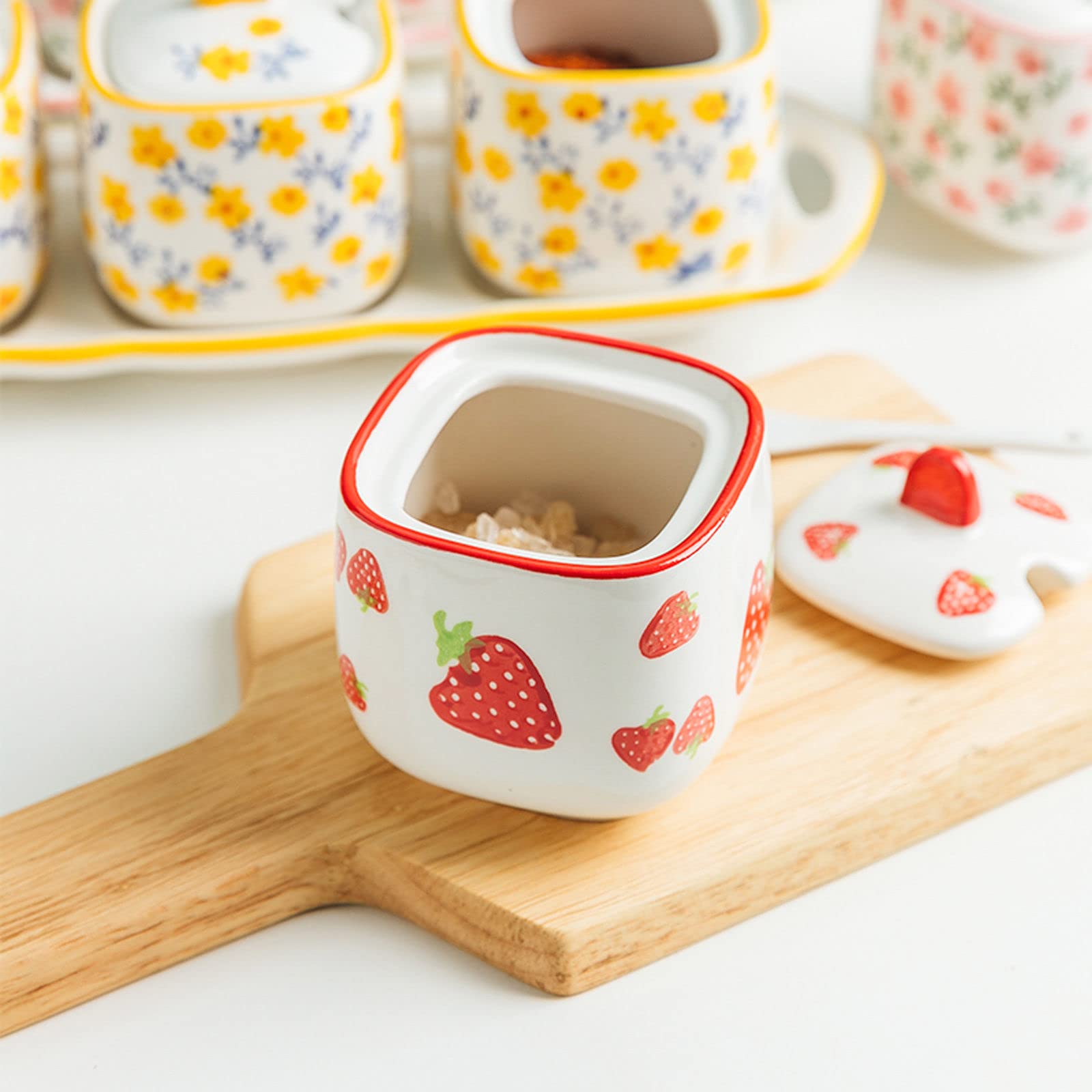 Tarro de especias de porcelana, azucarero, azucarero con patrón dibujado a mano con tapa, azucarero con forma de taza de té de cerámica, accesorios de café, vertedor de azúcar, almacenamiento de cocin