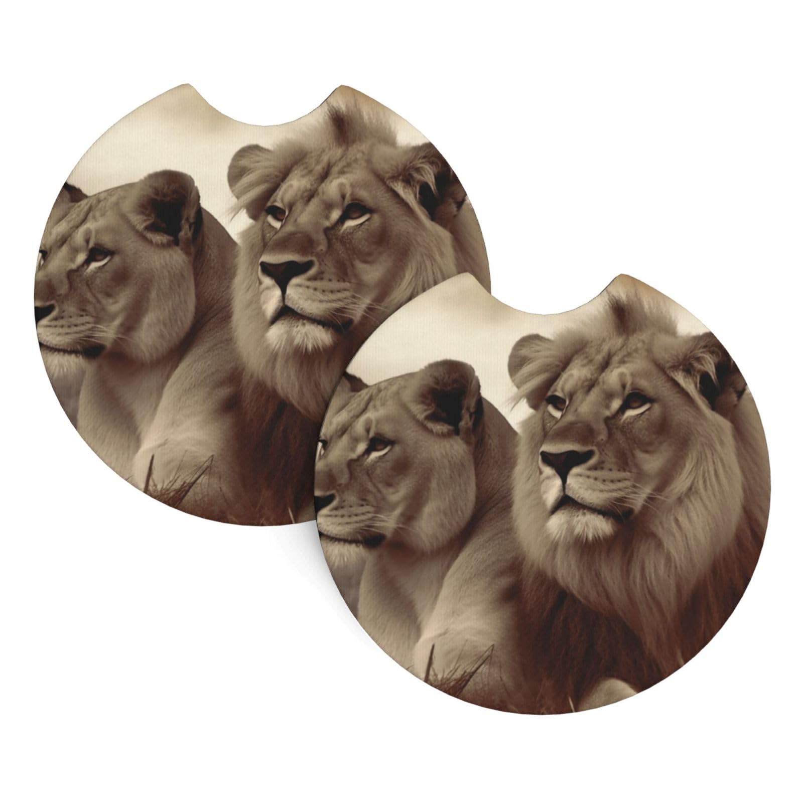 2PCS Car Coaster for Cup Holders Universal Auto Cup Mat African Lion and Lioness Cup Coaster Pad 2.7" Waterproof Neoprene Non-Slip Cup Holder Coasters Car Interior Accessories for Women Men