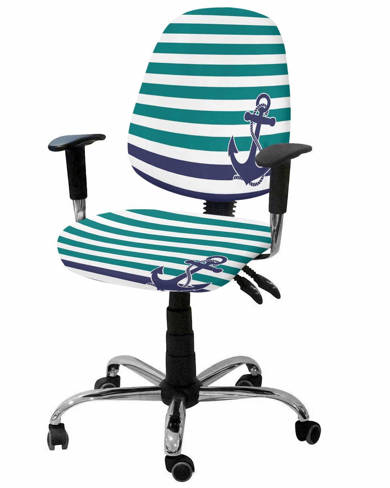 Teal Striped 2 Pieces Computer Office Chair Covers Set,Stretchable Desk Rotating Chair Seat Cushion Slipcover Back Covers,Navy Blue Nautical Anchor Lines Geometric Slipcover Back Cover Protector Cover