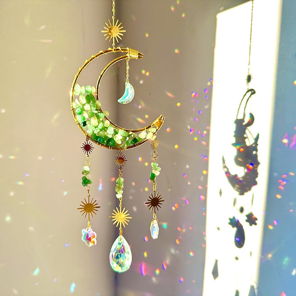 Cnwinu Crystal Suncatcher, Gold Moon Catchers Hanging with Chain Pendant Ornament, Rainbow Sunlight Deco