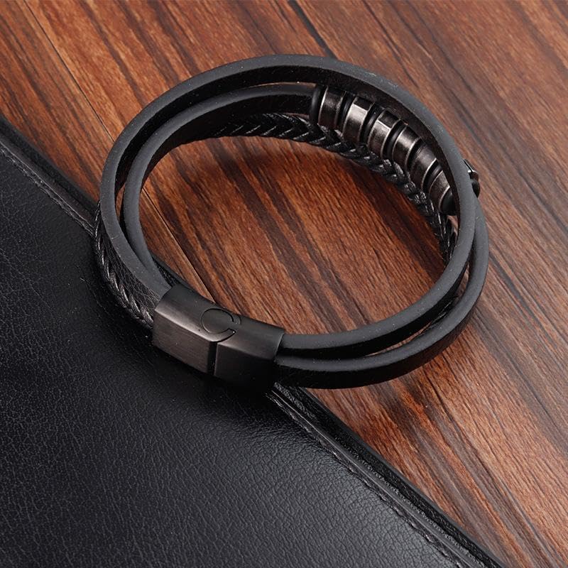 Image of THE MEN THING Leather Bracelet for Men - American Style Genuine Leather Multi-Layer Braided Bracelet with 100% Stainless Steel Magnetic Buckle for Men & Boys (8 inch)