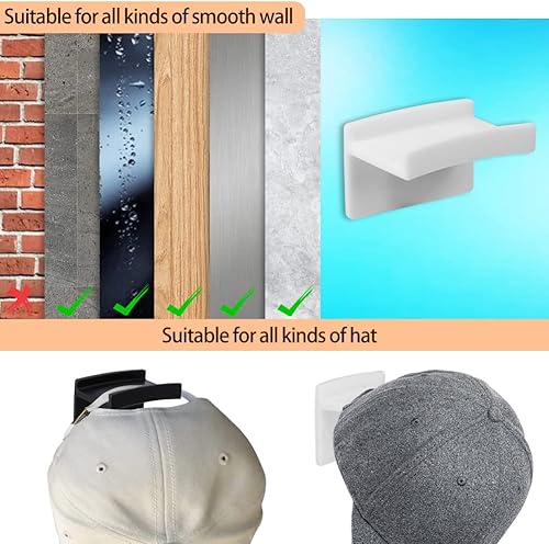 Miniatura 6 de CALIDAKA 12 ganchos de sombrero para pared, soporte para gorra de béisbol, estante adhesivo para sombreros, organizador de sombreros sin