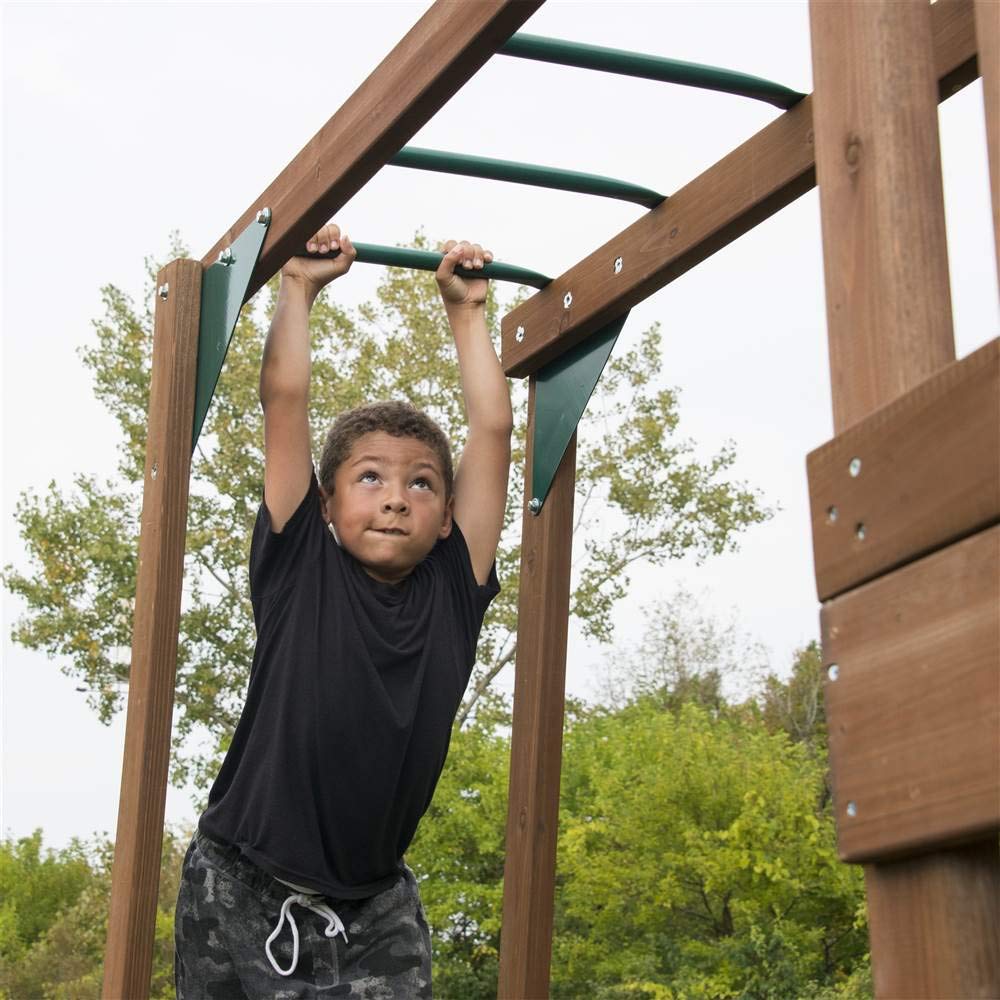 Swing-N-Slide WS 8356 Wooden Timberview Play Set with Two Slides, Monkey Bars, Wood Roof, Climbing Wall and Swings, Wood , Brown - Image 4