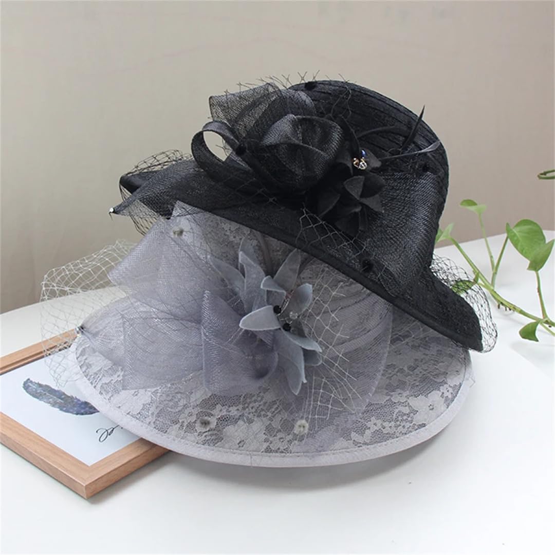 Yeuyyben Femminile Elegante Organza Cappelli Adulto Viaggio Sun Caps Femminile Tesa Larga Beach Caps Lady Party Bucket Organza Caps