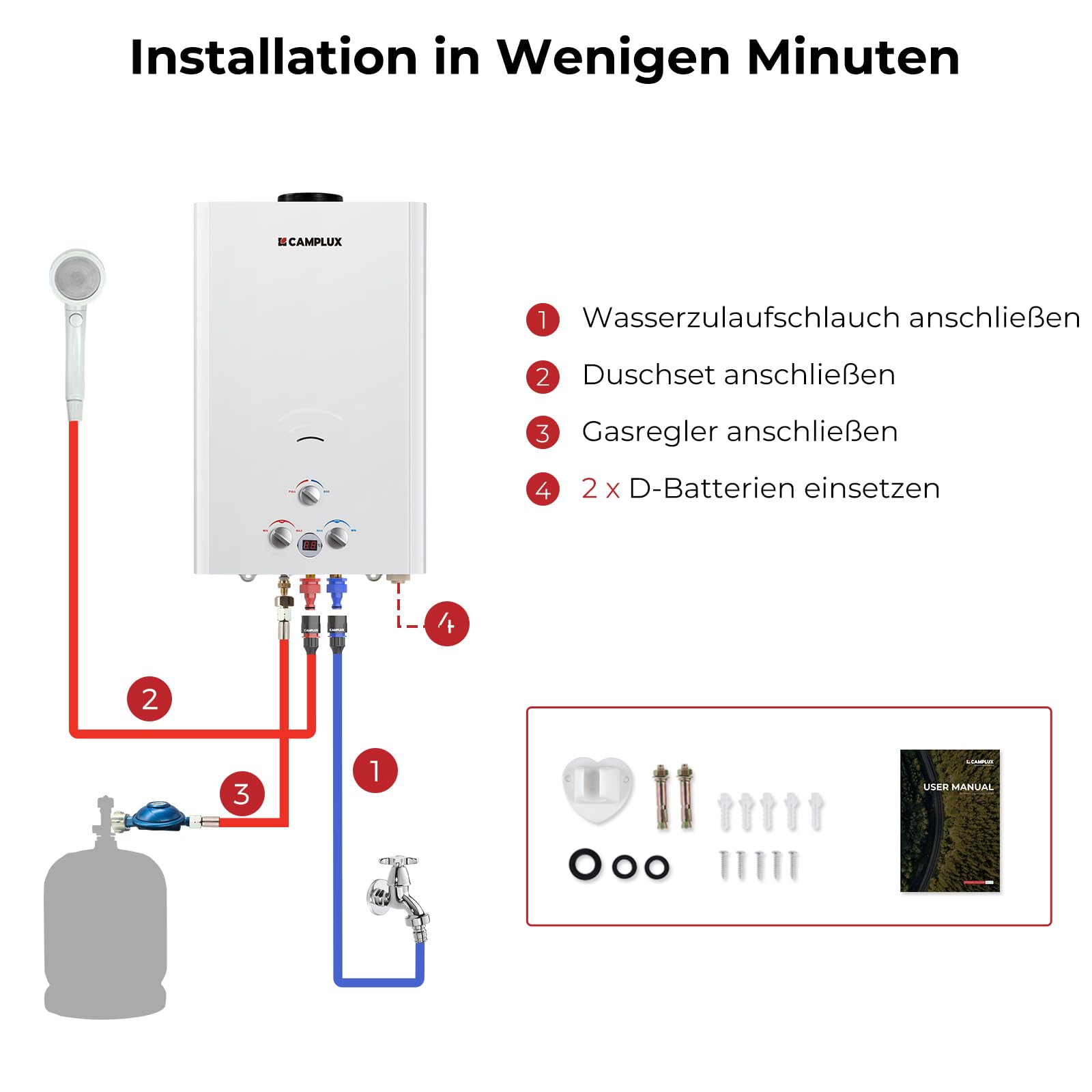 CAMPLUX 16 Liter Gasdurchlauferhitzer im Freien, 50mbar Tankless Gasdusche mit Gasregler, Propanga/Butangas, für Campingdusche/Wohnmobilausflug/Waschpferd, BW422-DE