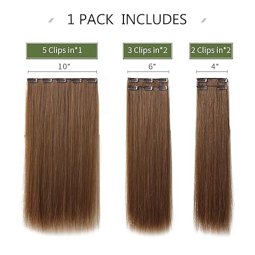 Miniatura 3 de Extensiones de cabello castaño, extensiones de cabello con clip de HSPJHTM para mujer, extensión de cabello sintético de 22 pulgadas, 5 piezas de